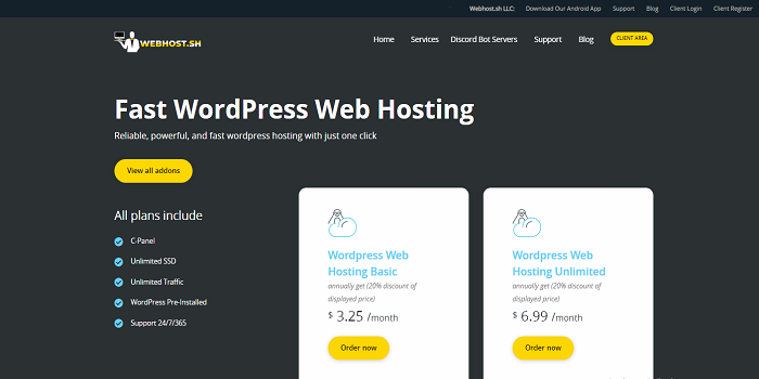 Wordpress web hosting unlimited SSD